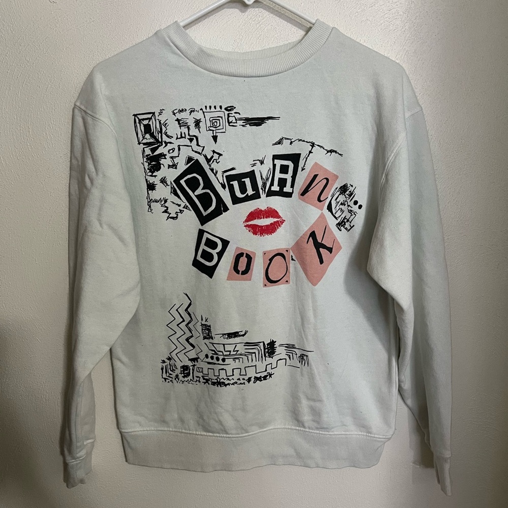 MEAN GIRLS Classic Fleece Burn Book‎ Movie Fan Crewneck White Pink Women's Sz XS